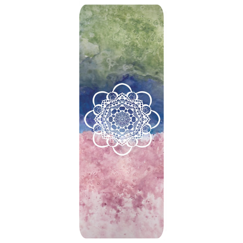 Mossy green, blue and pink watercolor design on a yoga mat. A white mandala is in the middle.